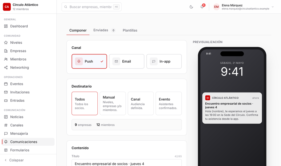 Backoffice de Clubniverse: composición de una comunicación con previsualización